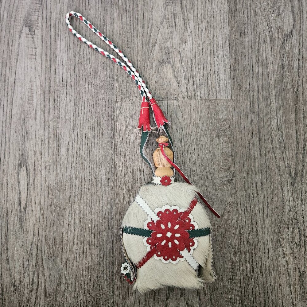 Vintage Hungarian Leather & Cowhide Decorative Canteen Flask – Red Green White